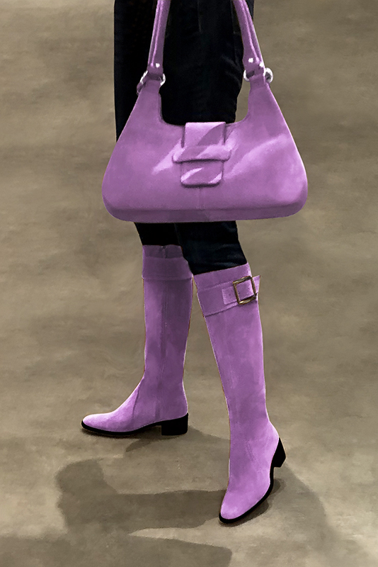 Mauve purple women's calf bracelets, to wear over boots. Worn view - Florence KOOIJMAN